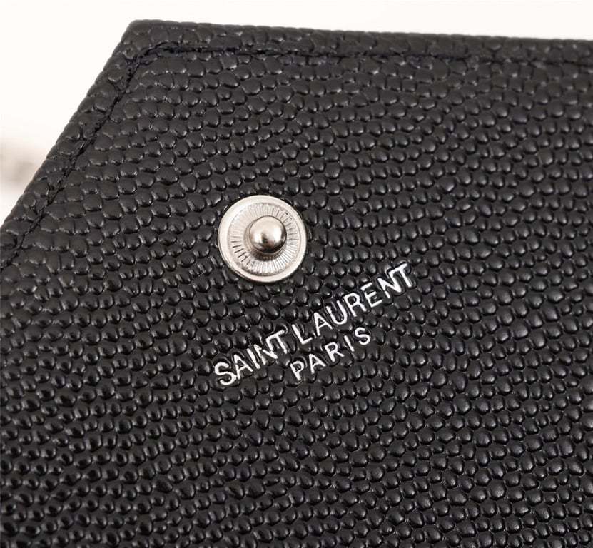 SAINT LAURENT CASSANDRE MATELASSE CHAIN WALLET IN GRAIN DE POUDRE EMBOSSED BLACK SILVER 22CM