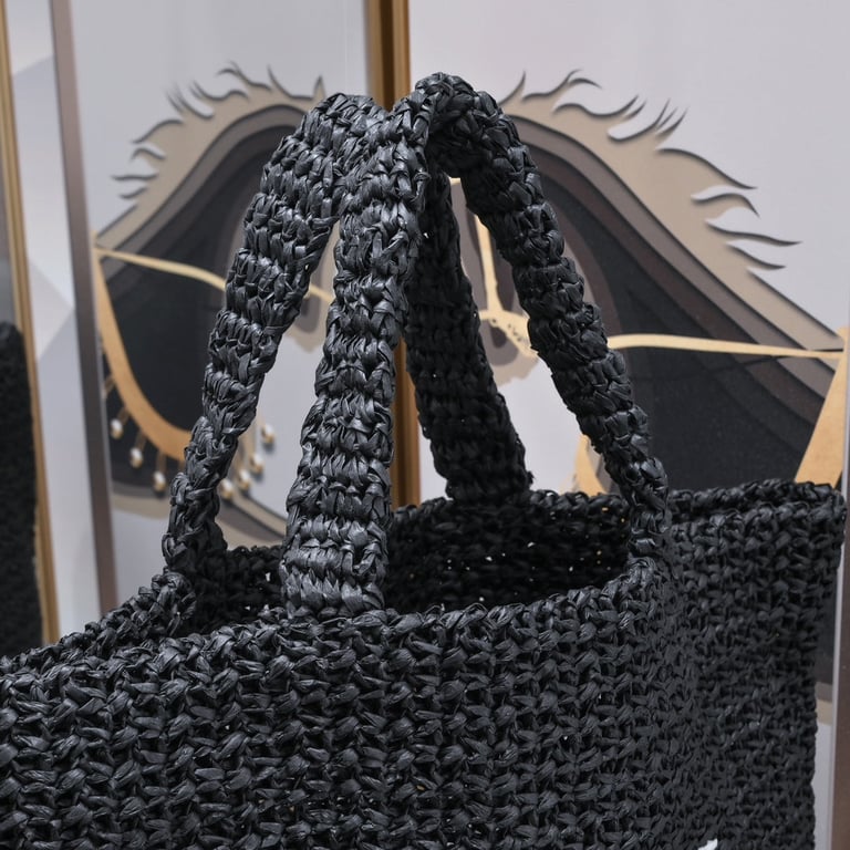 SAINT LAURENT BLACK TOTE RIVE GAUCHE RAFFIA CROCHET
