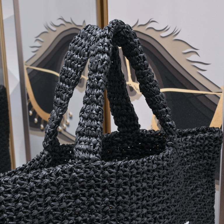 SAINT LAURENT BLACK TOTE RIVE GAUCHE RAFFIA CROCHET