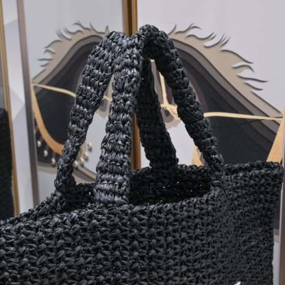 SAINT LAURENT BLACK TOTE RIVE GAUCHE RAFFIA CROCHET