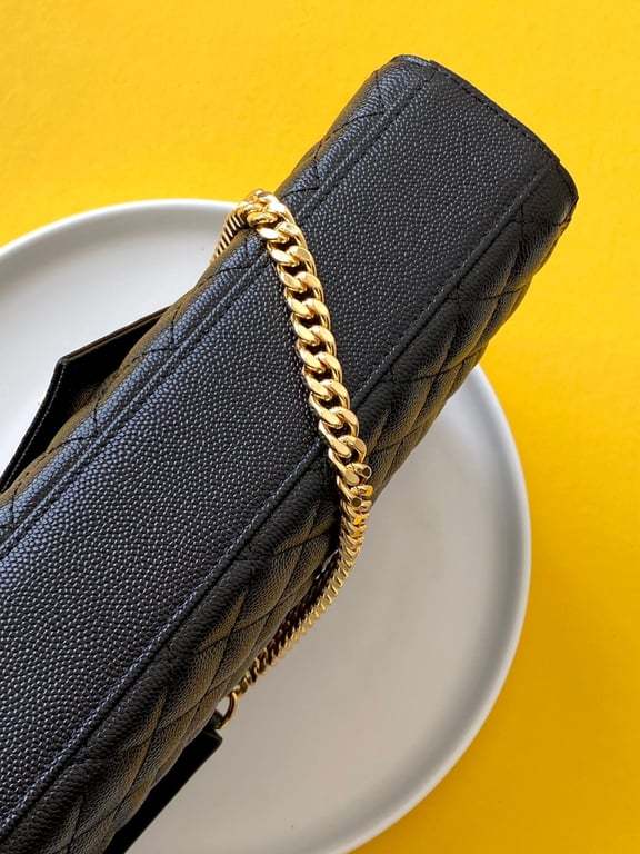 SAINT LAURENT ENVELOPE MEDIUM CHAIN BAG IN SUPPLE MATELASSE LEATHER BLACK GOLD 24CM