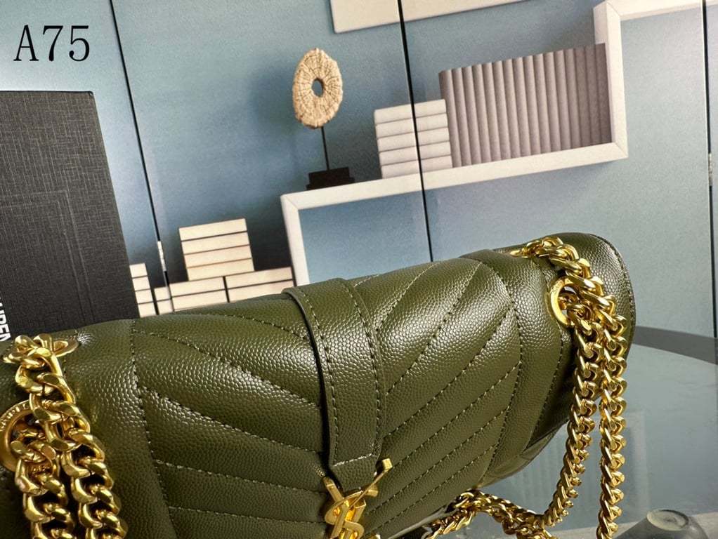 SAINT LAURENT ENVELOPE MEDIUM CHAIN BAG IN SUPPLE MATELASSE LEATHER GREEN GOLD 24CM