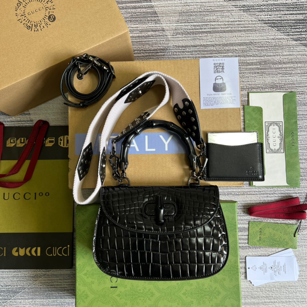 gg Bamboo 1947 Crocodile Top Handle Bag Black For Women, Women’s Bags 10.2in/26cm gg
