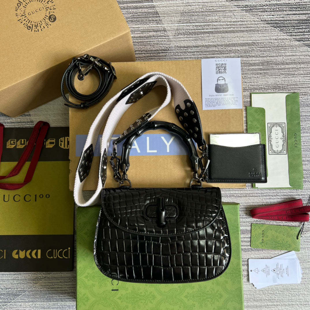 gg Bamboo 1947 Crocodile Top Handle Bag Black For Women, Women’s Bags 10.2in/26cm gg