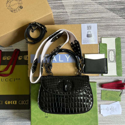 gg Bamboo 1947 Crocodile Top Handle Bag Black For Women, Women’s Bags 10.2in/26cm gg