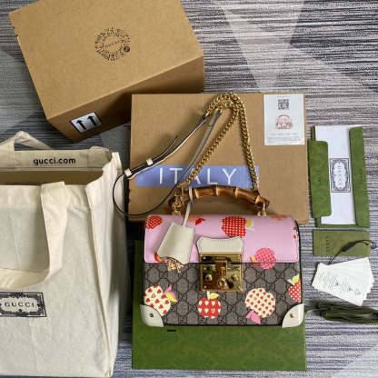 gg Padlock gg Small amboo Strawberry Shoulder Bag Beige For Women, Women’s Bags 9.5in/24cm gg