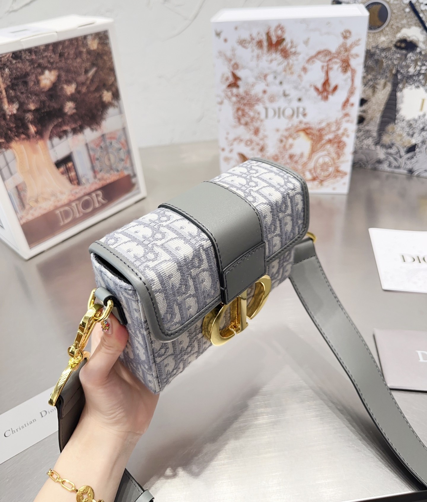 DOR 30 MONTAIGNE BOX BAG GRAY DOR OBLIQUE JACQUARD 18CM M9204UTZQ M932