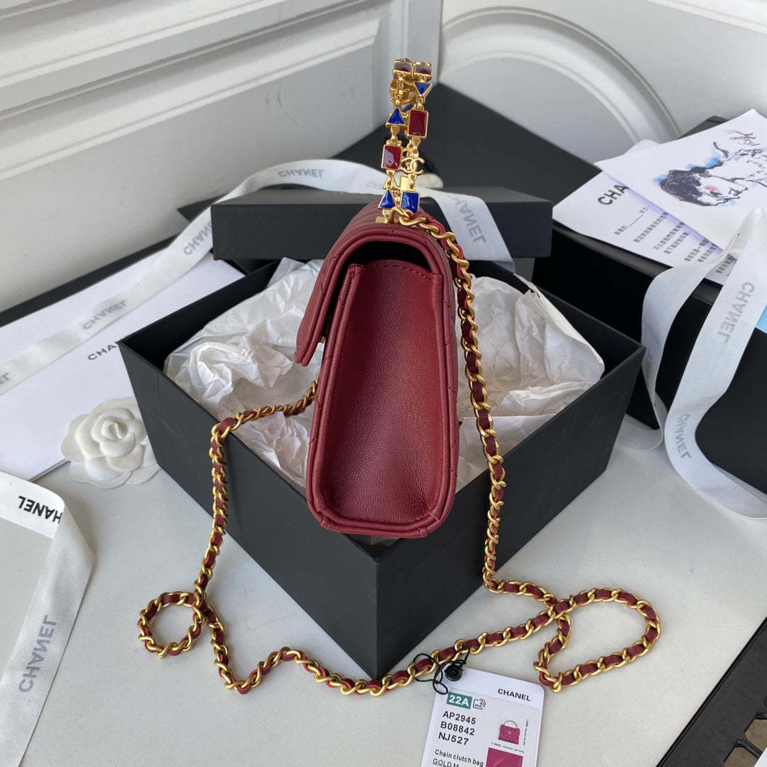 Chanel Clutch With Chain Gold Hardware Red For Women, Women’s Handbags, Shoulder Bags 5.7in/14.5cm