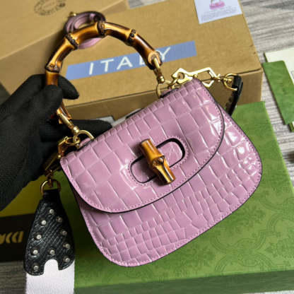 gg Bamboo 1947 Crocodile Mini Top Handle Bag Pink For Women, Women’s Bags 6.7in/17cm gg