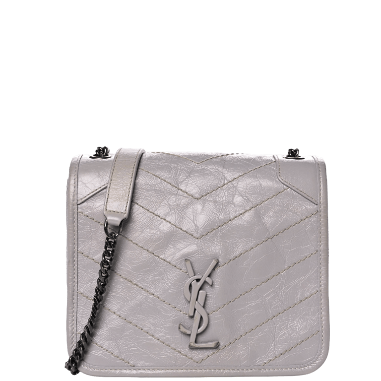 SAINT LAURENT NIKI VINTAGE LEATHER CHAIN WALLET GREY 19CM