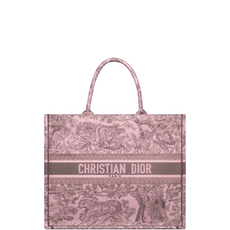 DIR MEDIUM BOOK TOTE PINK AND GRAY TOILE DE JOUY SAUVAGE EMBROIDERY 36CM