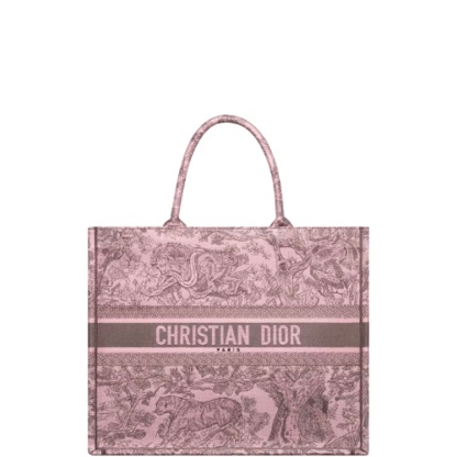 DIR MEDIUM BOOK TOTE PINK AND GRAY TOILE DE JOUY SAUVAGE EMBROIDERY 36CM
