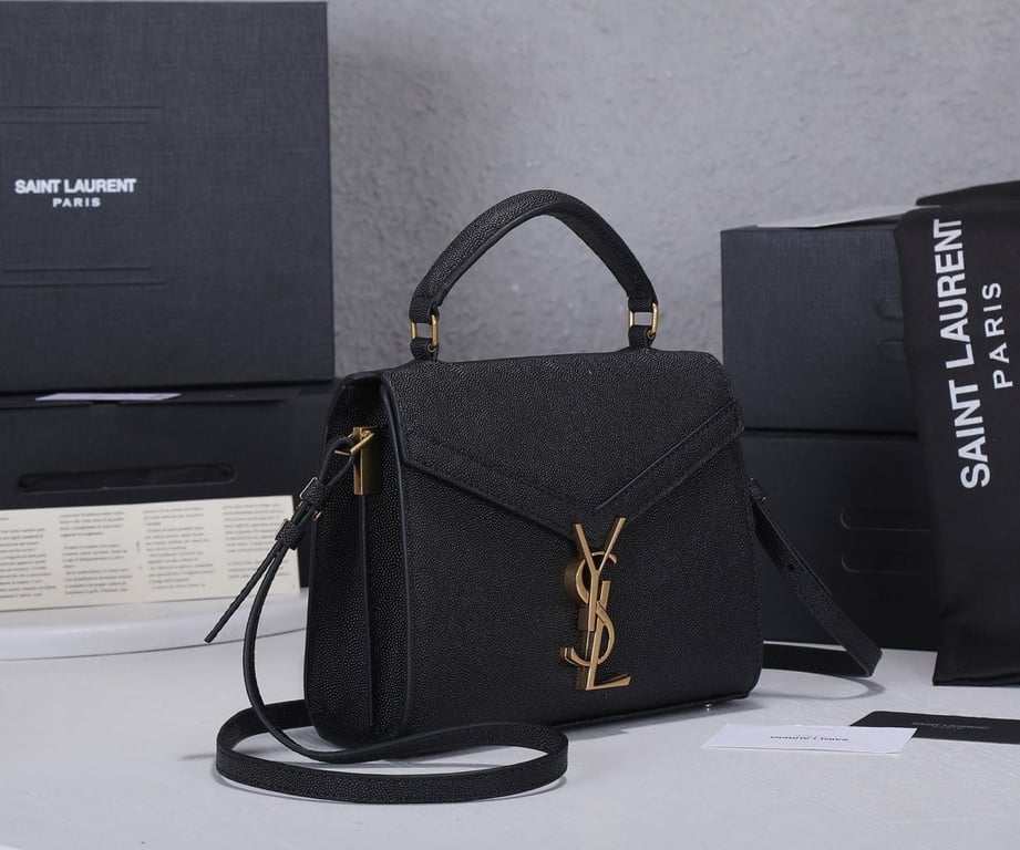 SAINT LAURENT CASSANDRA MINI TOP HANDLE BAG IN GRAIN DE POUDRE EMBOSSED BLACK GOLD 20CM