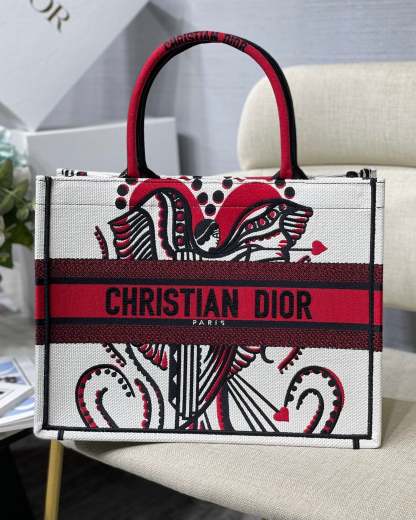 DI Medium Book Tote Latte Multicolor Cupidon Embroidery, Red/White, For Women Women’s Handbags, 41cm CD M1296ZTQG_M941