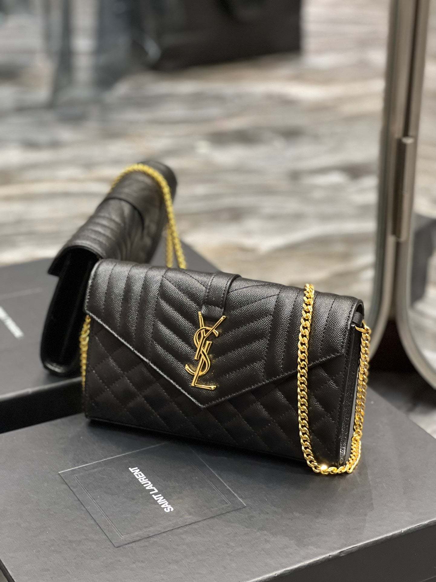 YSSL Envelope Small Chain Bag Black For Women, Women’s Bags 8.6in/22cm YSL
