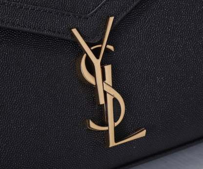 SAINT LAURENT CASSANDRA MINI TOP HANDLE BAG IN GRAIN DE POUDRE EMBOSSED BLACK GOLD 20CM