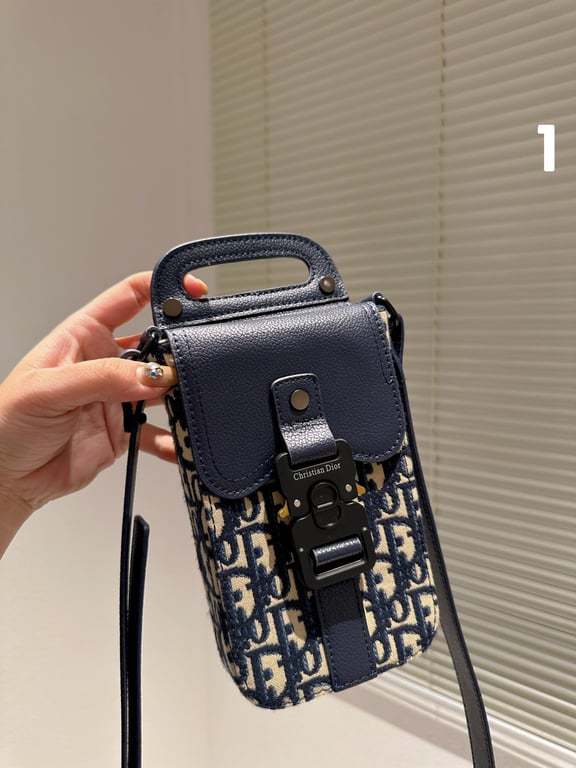 DIR SADDLE VERTICAL POUCH WITH STRAP OBLIQUE JACQUARD AND DARK BLUE GRAINED CALFSKIN 11CM HIGH QUALITY