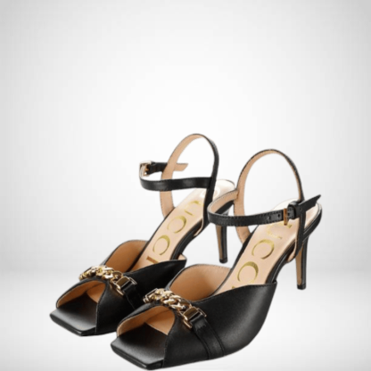 SANDAL GG BLACK METAL CHAIN STILETTO HEELS FLIP FLOP FISH MOUTH SANDALS