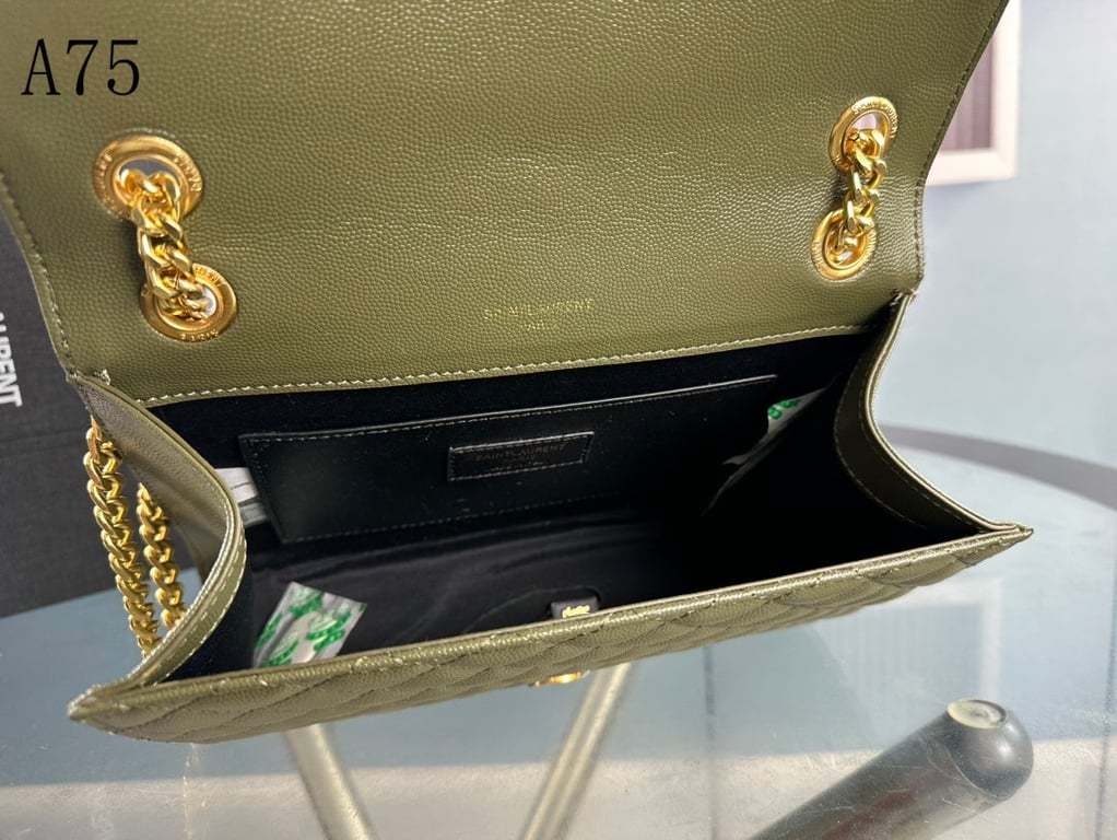 SAINT LAURENT ENVELOPE MEDIUM CHAIN BAG IN SUPPLE MATELASSE LEATHER GREEN GOLD 24CM