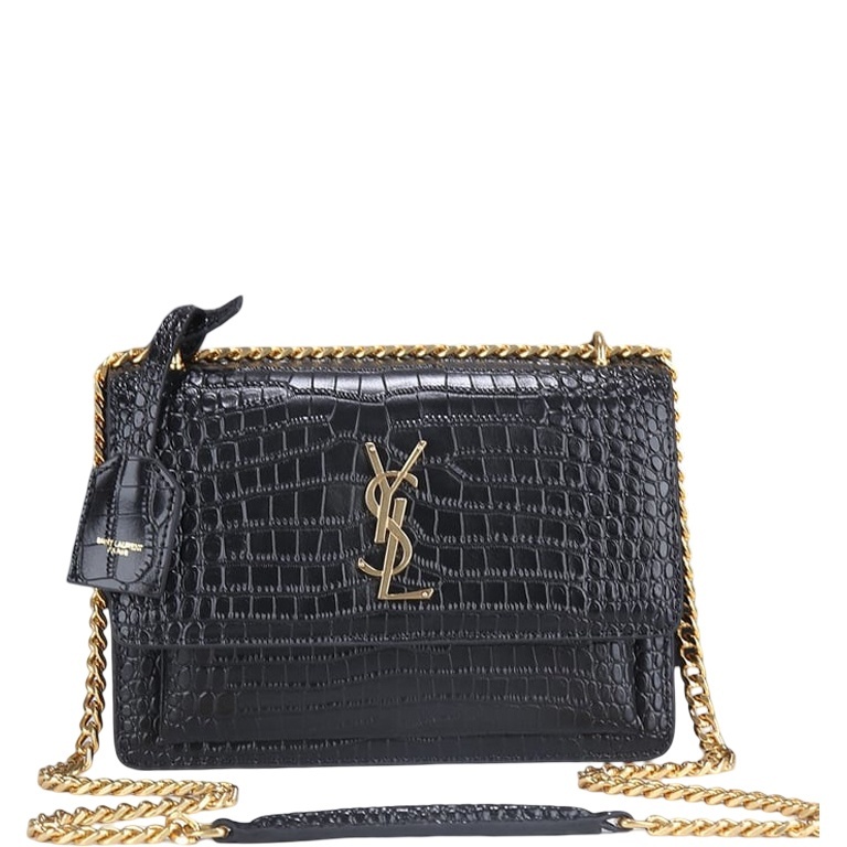 SAINT LAURENT SUNSET MEDIUM CHAIN GAB IN CROCODILE EMBOSSED SHINY BLACK GOLD 22CM
