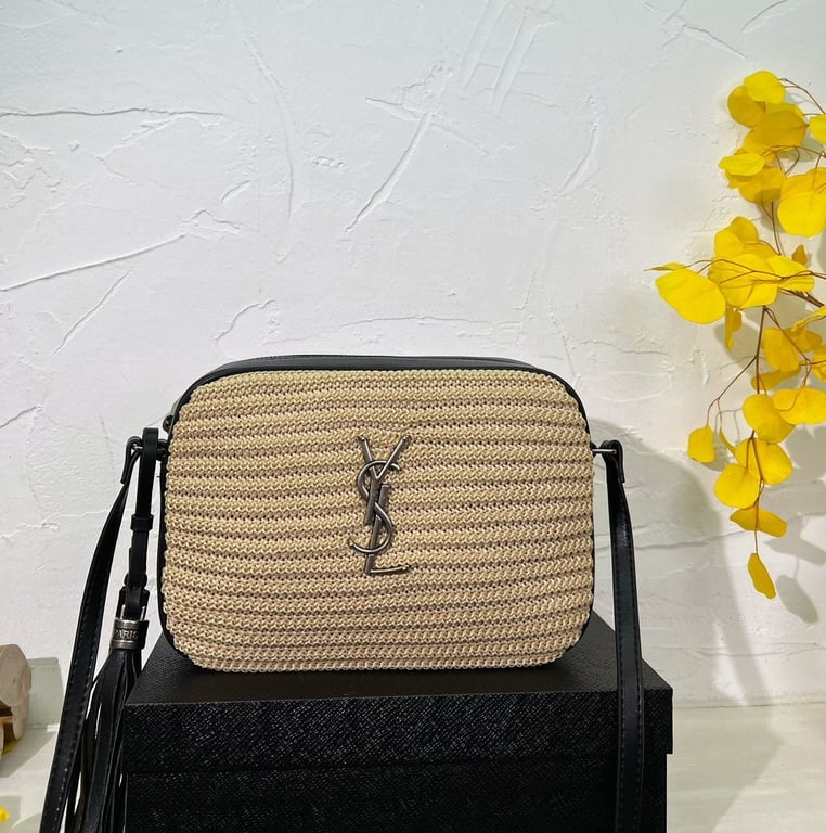 SAINT LAURENT LOU RAFFIA AND SMOOTH LEATHER NATUREL CAMERA BAG 24CM