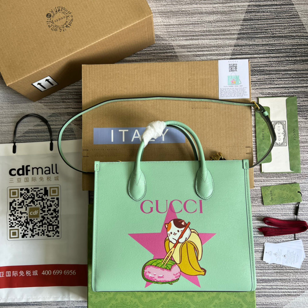 gg Bananya Print Small Tote Green For Women, Women&#8217;s Bags 12.2in/31cm gg 659983 U22AG 3067