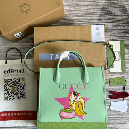 gg Bananya Print Small Tote Green For Women, Women’s Bags 12.2in/31cm gg 659983 U22AG 3067