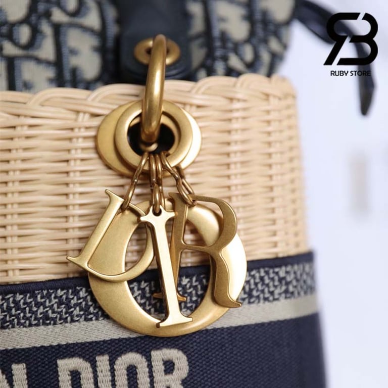 DIR NATURAL WICKER AND BLUE DIR OBLIQUE JACQUARD BAG