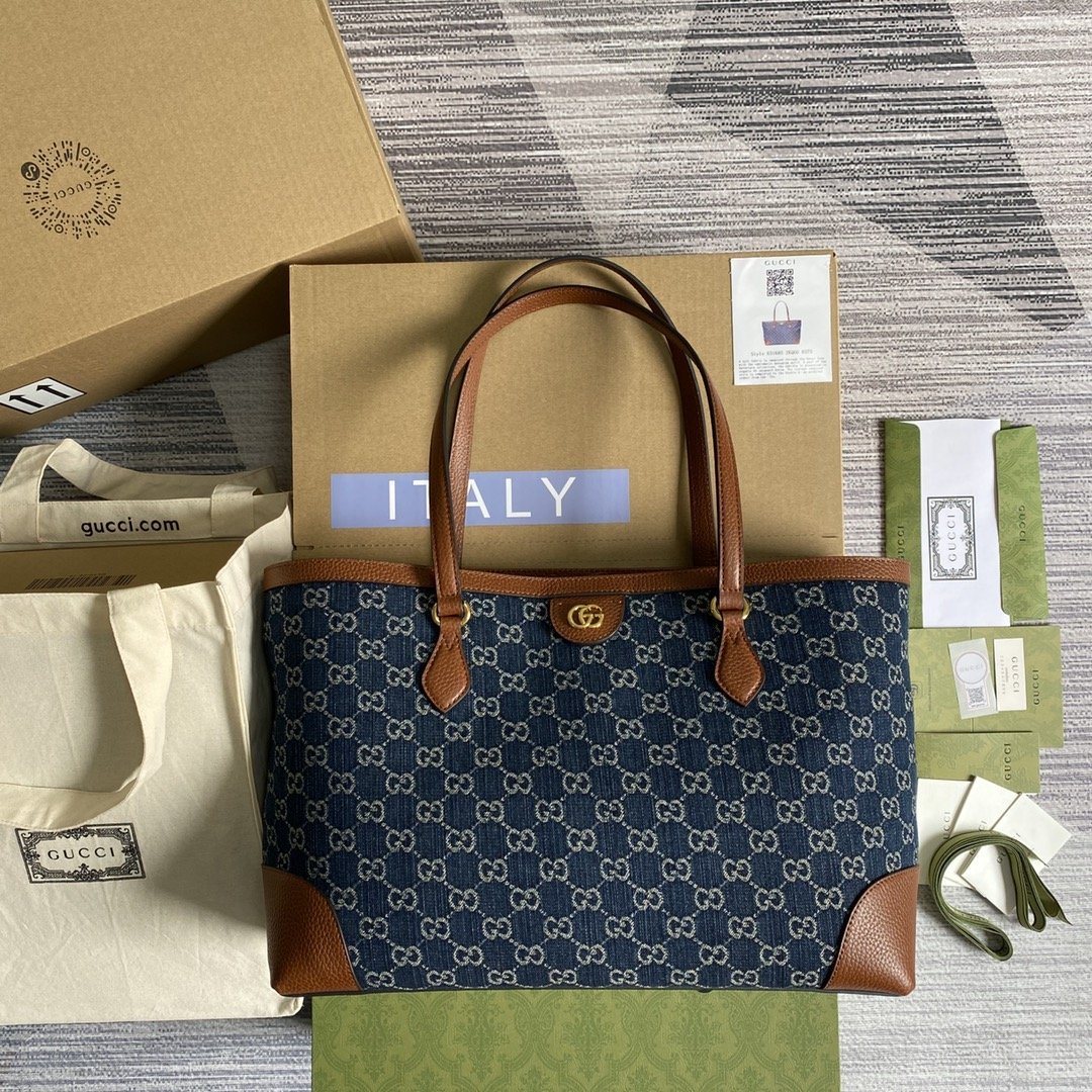 gg Ophidia gg Medium Tote Dark Blue And Ivory Eco Washed Organic gg Jacquard Denim  For Women 15in/38cm gg ‎631685 2KQgg 8375