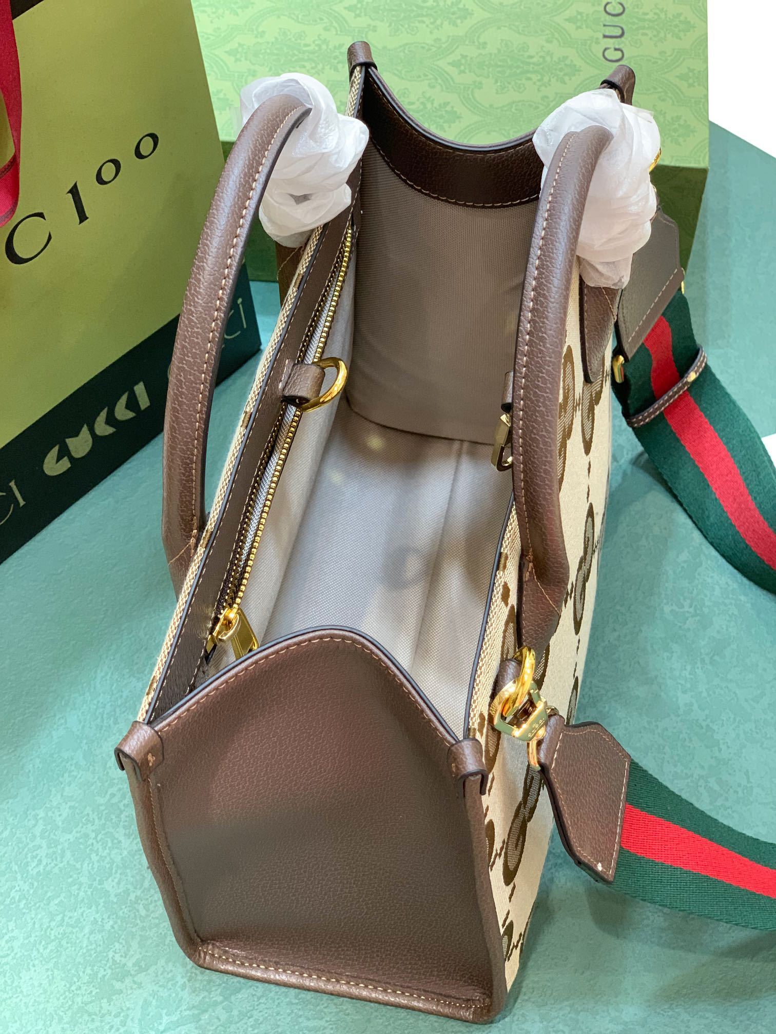 GG TOTE BAG WITH JUMBO GG CAMEL 31CM  678839 UKMDG 2570