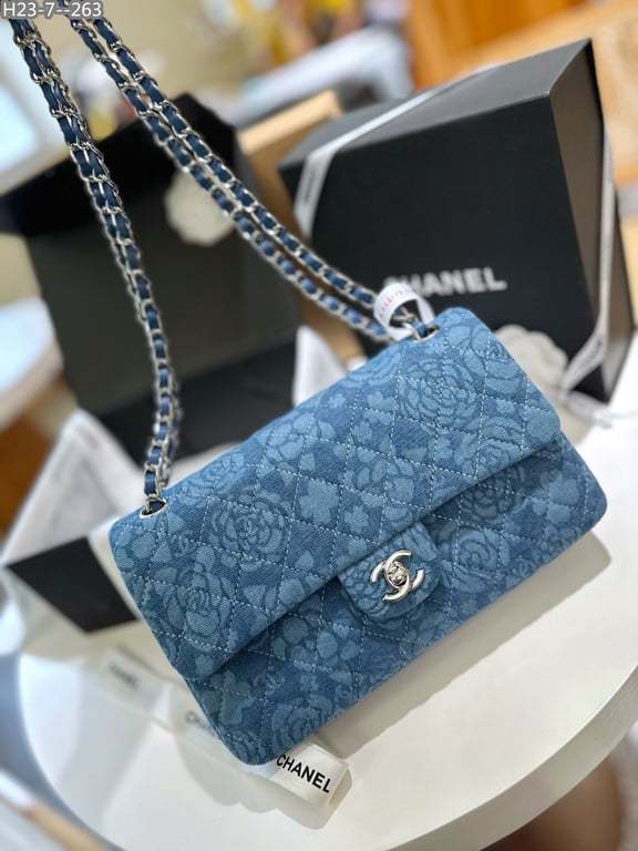 CHL DOUBLE FLAP BAG FLOWER DENIM BLUE 25CM