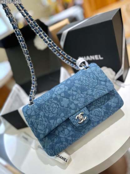 CHL DOUBLE FLAP BAG FLOWER DENIM BLUE 25CM