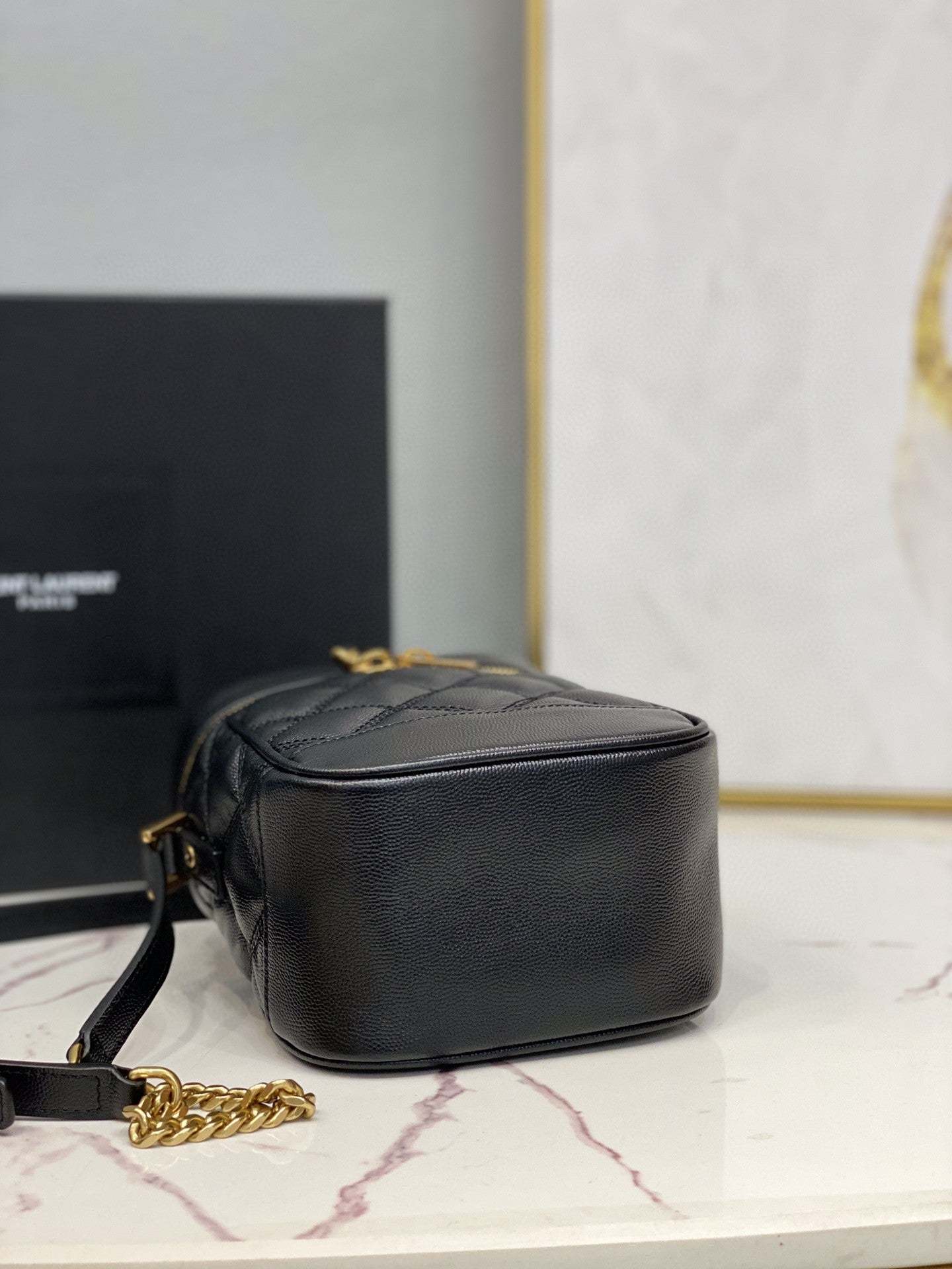 YSSL 80’s Vanity Bag In Carré-Quilted Grain De Poudre Black For Women 6.4in/16.5cm YSL 649779DME271000