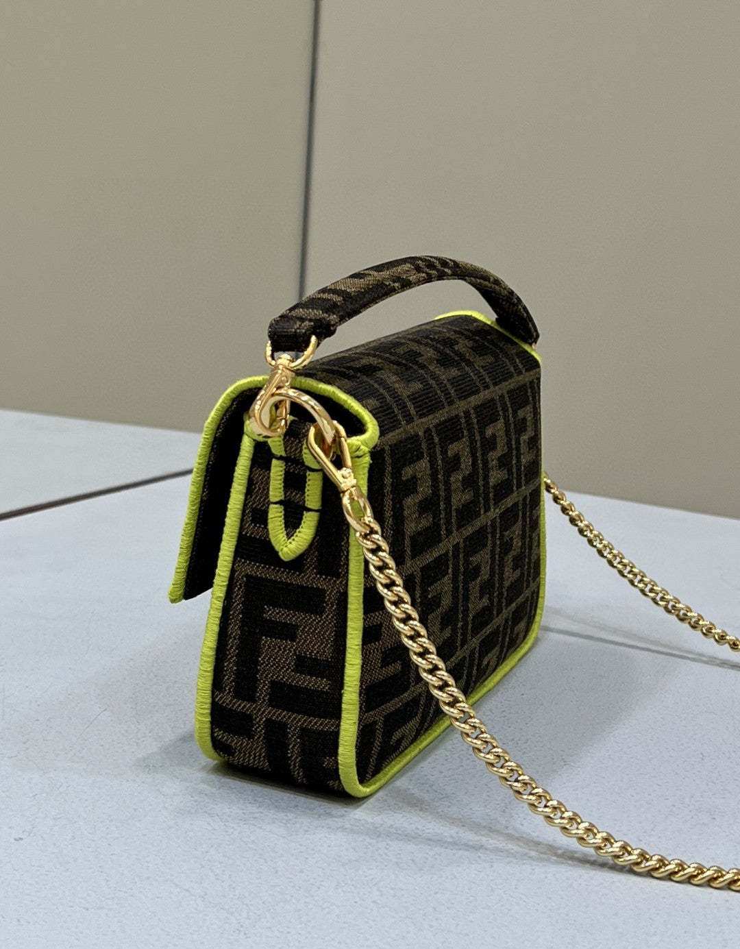 FI Baguette Small Brown Fabric Yellow Border Bag For Woman 18cm/7in