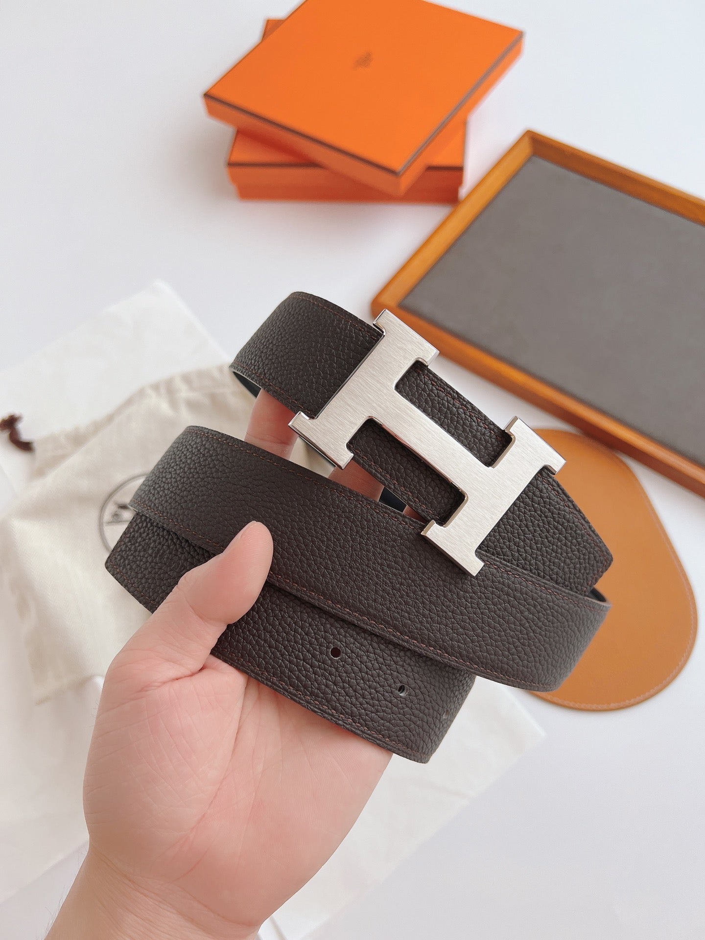 HM BELT TOGO SWIFT SILVER BUCKLE BROWN 38MM