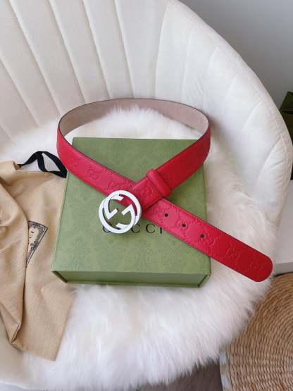 GG CALFSKIN MONOGRAM RED BELT SILVER METAL 3.5CM