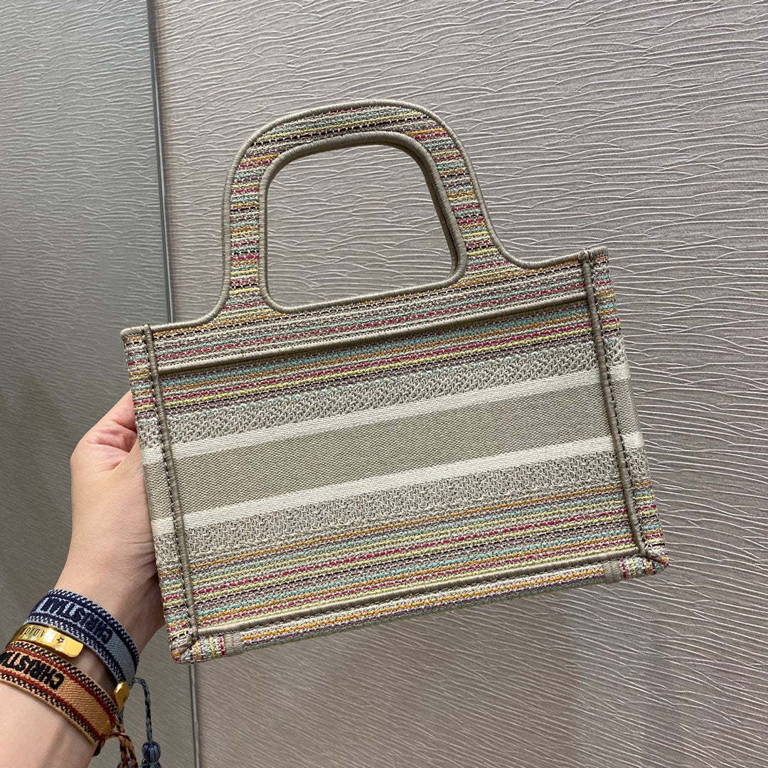 DI Small Book Tote Bag Canvas Stripes Embroidery For Women 23cm/9in CD