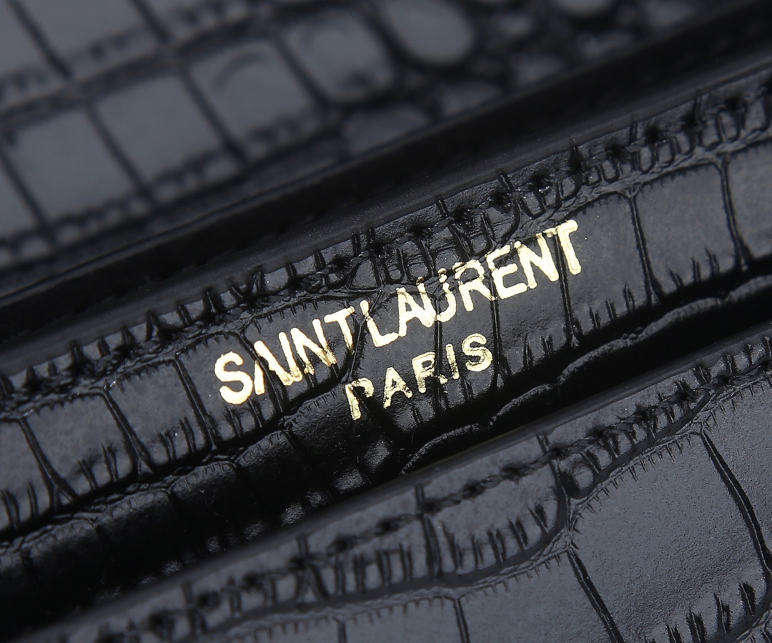 YSL SUNSET MEDIUM CHAIN GAB IN CROCODILE EMBOSSED SHINY BLACK GOLD 22CM 442906DND0J1000