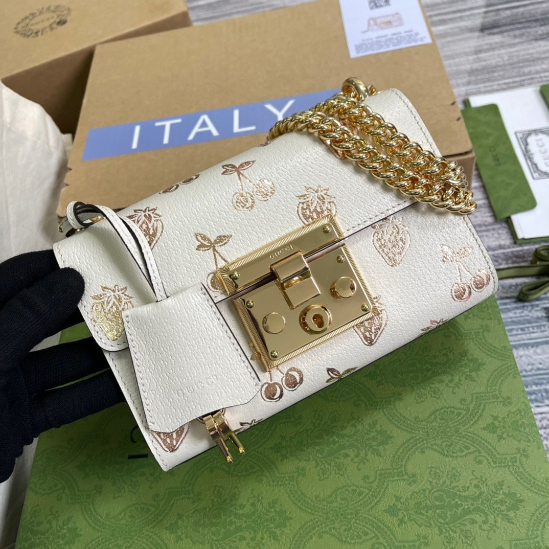gg Padlock Small gg Strawberry Shoulder Bag White For Women, Women&#8217;s Bags 7.9in/20cm gg