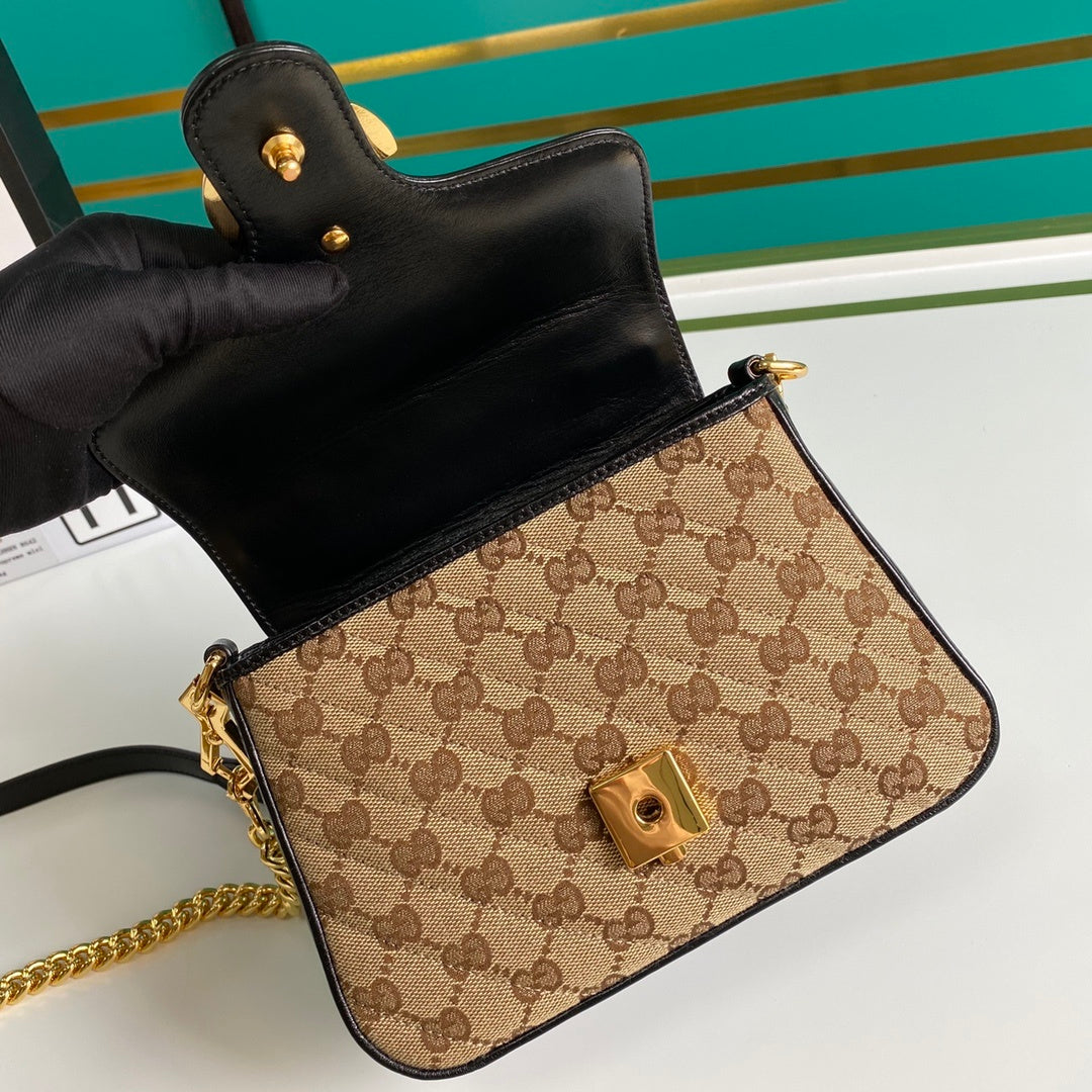 gg Ladies gg Canvas Marmont Mini Top Handle Bag Beige/Ebony Diagonal Matelassé Original gg Canvas 8.3in/21cm gg 583571 HVKEG 9772