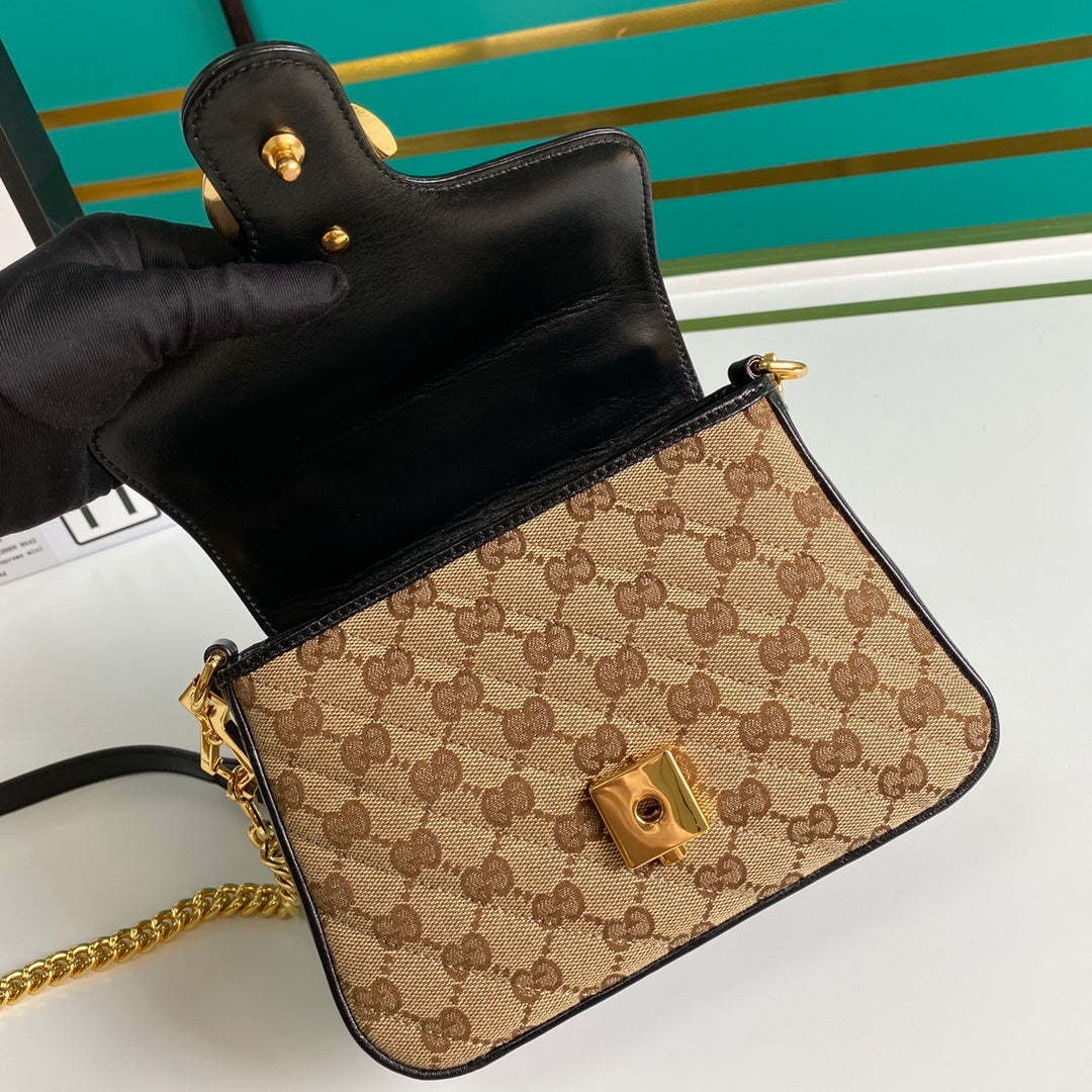 gg Ladies gg Canvas Marmont Mini Top Handle Bag Beige/Ebony Diagonal Matelassé Original gg Canvas 8.3in/21cm gg 583571 HVKEG 9772