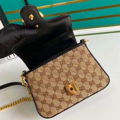 gg Ladies gg Canvas Marmont Mini Top Handle Bag Beige/Ebony Diagonal Matelassé Original gg Canvas 8.3in/21cm gg 583571 HVKEG 9772