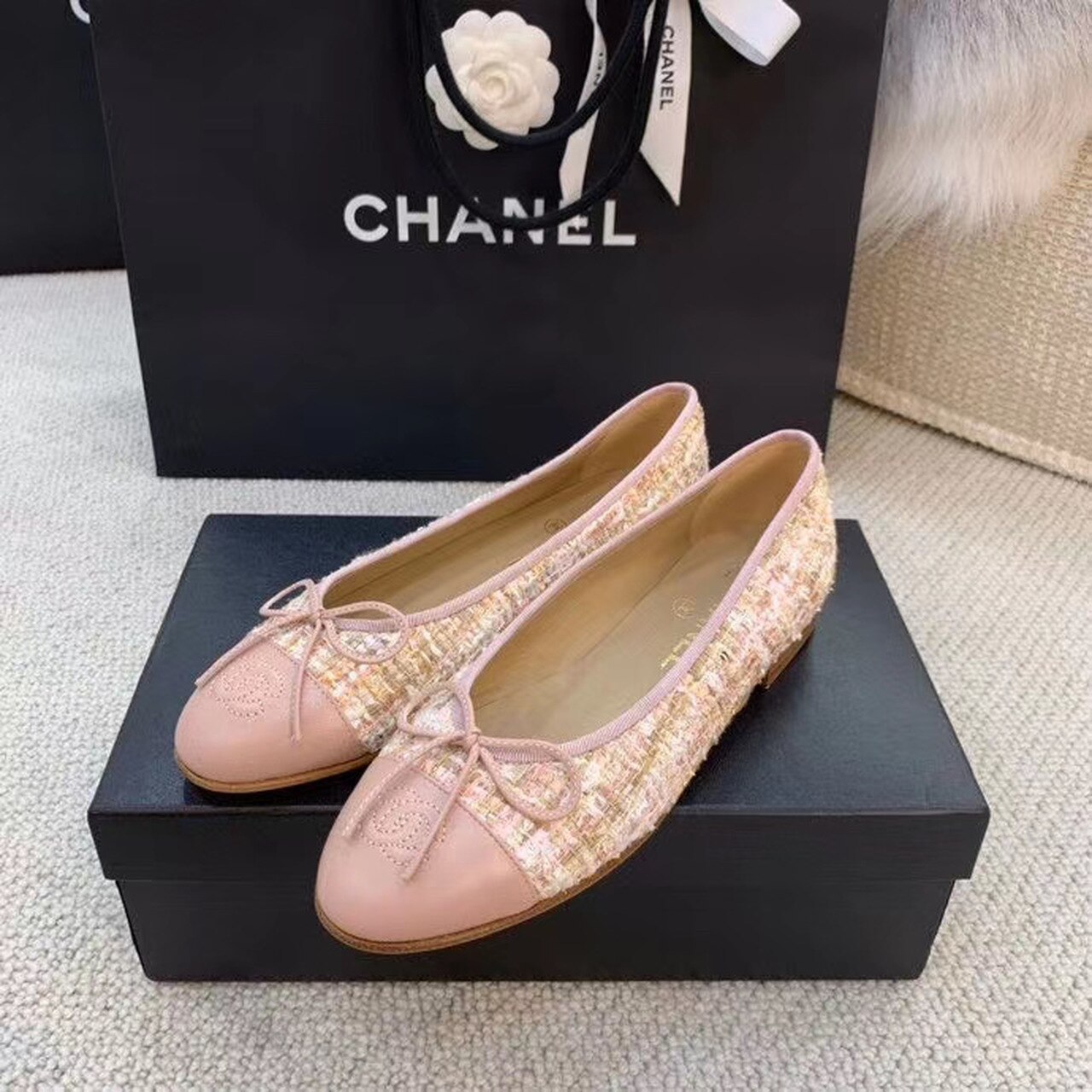 CHL LIGHT PINK BALLERINA FLATS TWEED AND GROSGRAIN