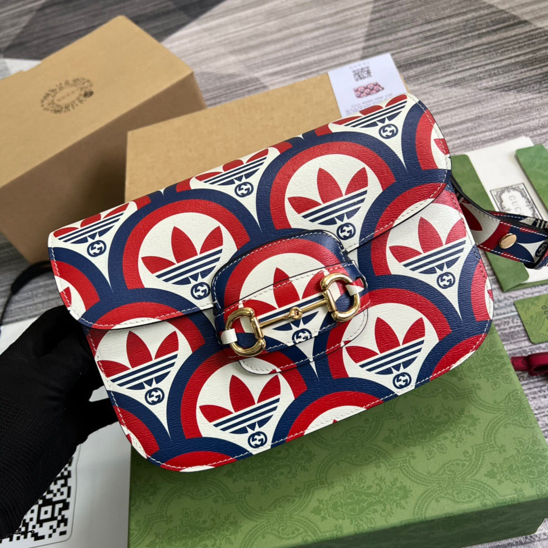 gg x Adidas Horsebit 1955 Shoulder Bag Blue/Red For Women, Women’s Bags 9.8in/25cm gg 602204 UVG0G 4168