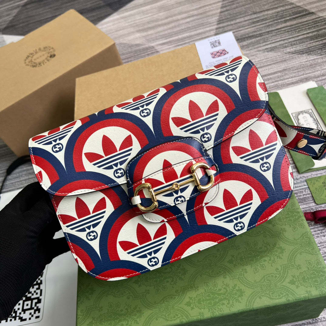 gg x Adidas Horsebit 1955 Shoulder Bag Blue/Red For Women, Women’s Bags 9.8in/25cm gg 602204 UVG0G 4168