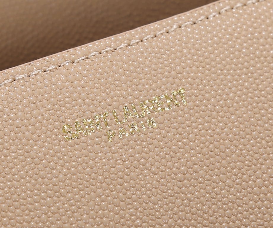 SAINT LAURENT CASSANDRA MINI TOP HANDLE BAG IN GRAIN DE POUDRE EMBOSSED DARK BEIGE 20CM