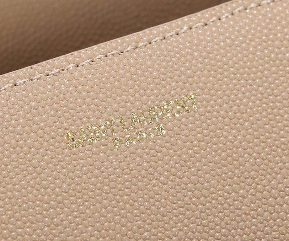 SAINT LAURENT CASSANDRA MINI TOP HANDLE BAG IN GRAIN DE POUDRE EMBOSSED DARK BEIGE 20CM