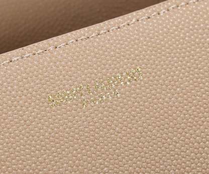 SAINT LAURENT CASSANDRA MINI TOP HANDLE BAG IN GRAIN DE POUDRE EMBOSSED DARK BEIGE 20CM