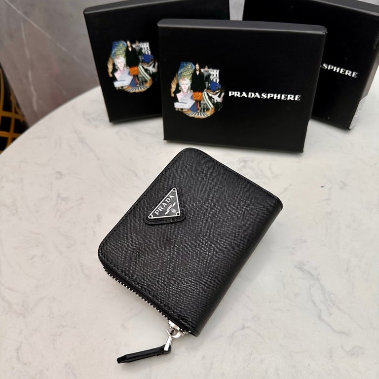 PR SMALL SAFFIANO LEATHER WALLET BLACK AND SILVER 10CM 1ML036 QHH F0002