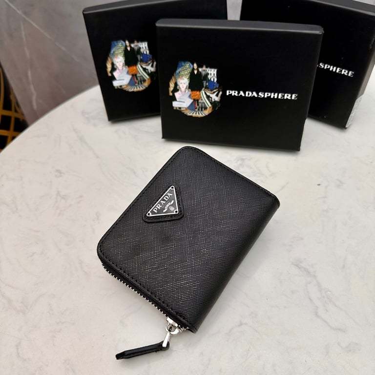 PR SMALL SAFFIANO LEATHER WALLET BLACK AND SILVER 10CM 1ML036 QHH F0002